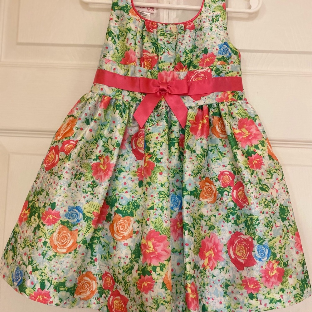 Floral Print Pink Ribbon Girls' Party Dress Girls sz 2T sleeveless Jessica Ann